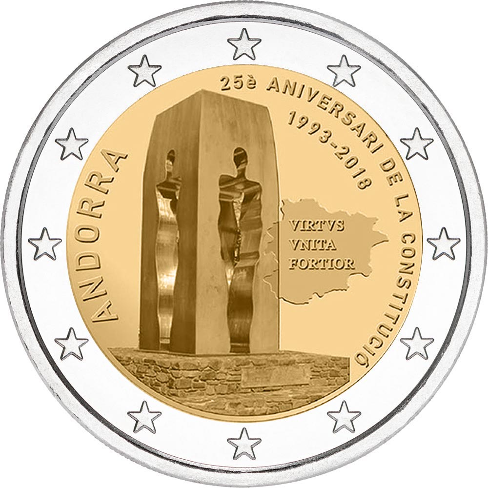 Image of 2 euro coin - 25th anniversary of the Constitution of Andorra | Andorra 2018