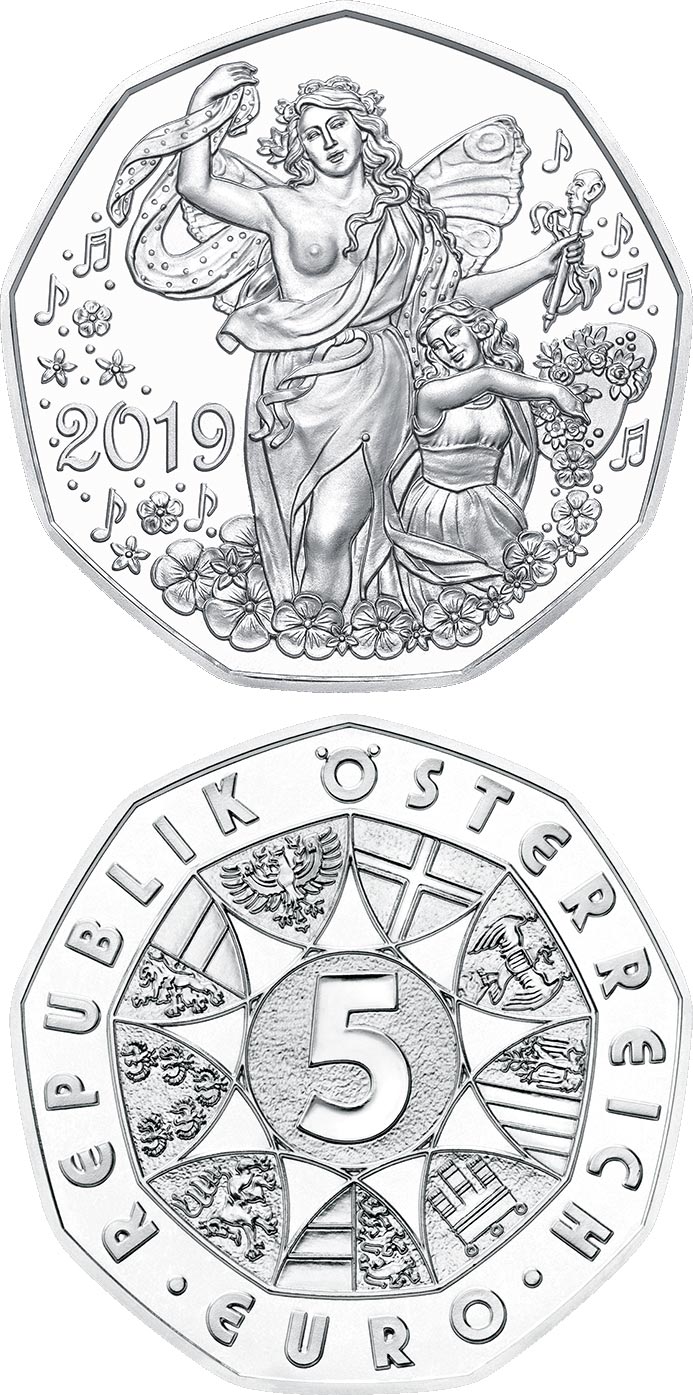 Image of 5 euro coin - New Year coin 2019 | Austria 2018.  The Silver coin is of BU, UNC quality.