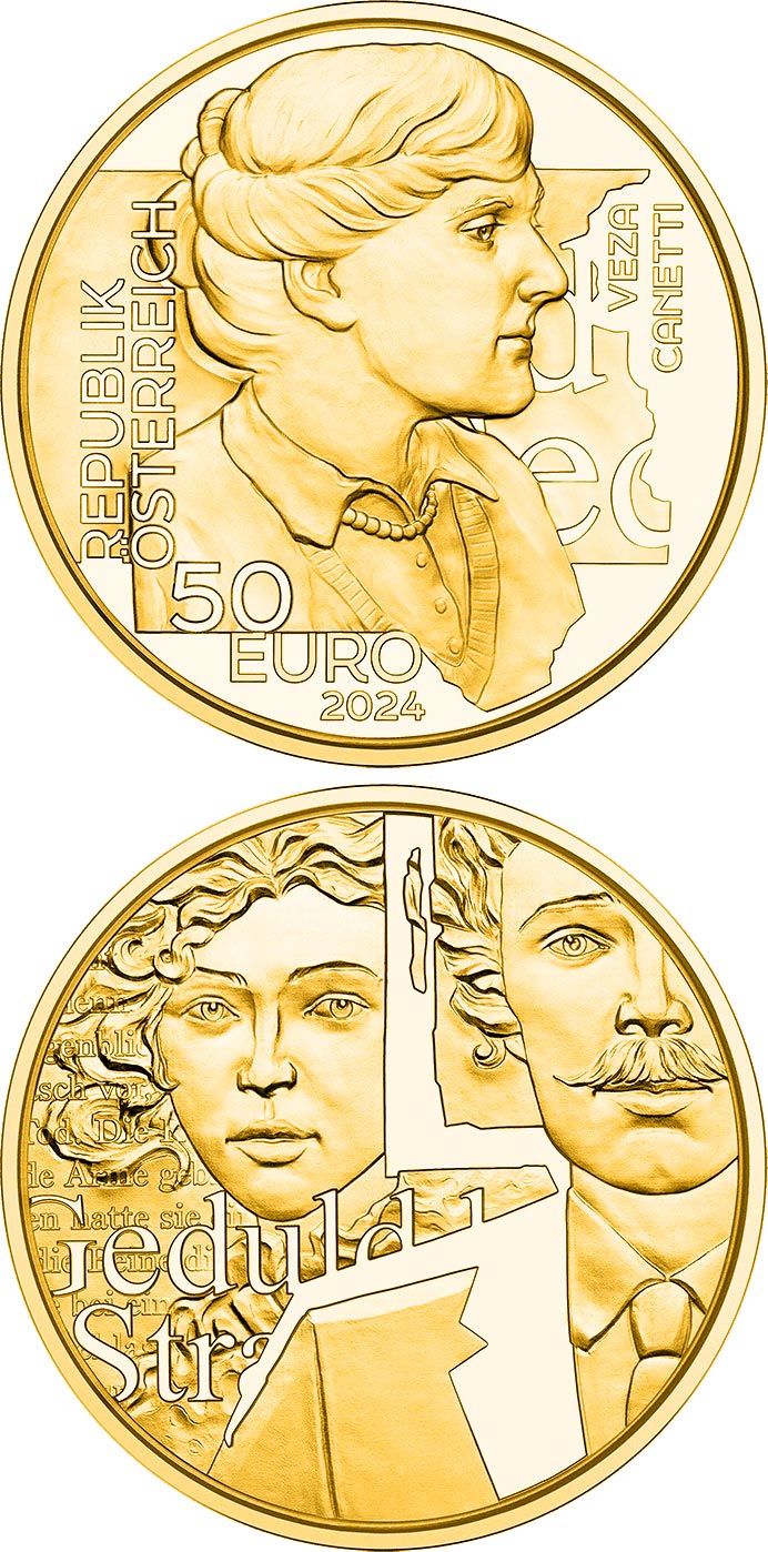 Image of 50 euro coin - Tina Blau – Painter | Austria 2024.  The Gold coin is of Proof quality.