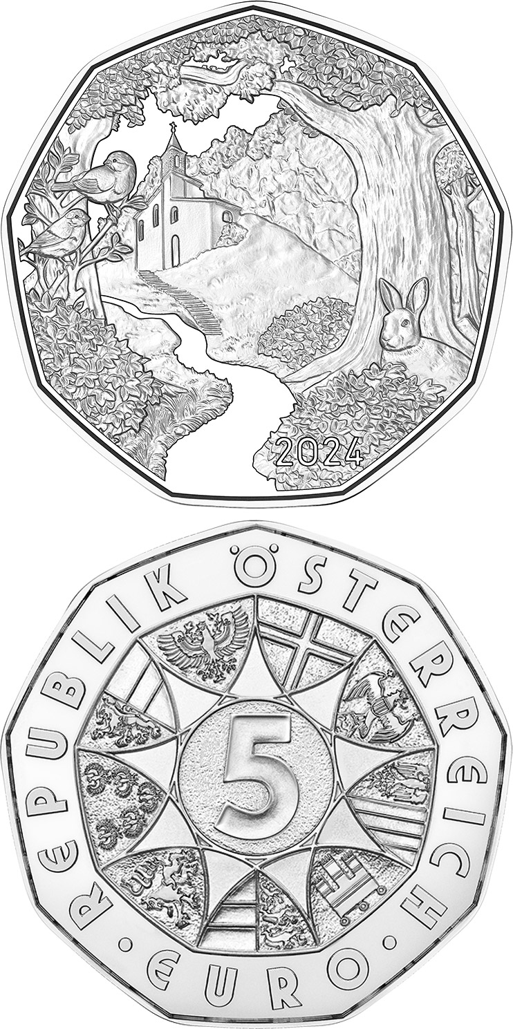 Image of 5 euro coin - Getting There | Austria 2024.  The Silver coin is of BU, UNC quality.