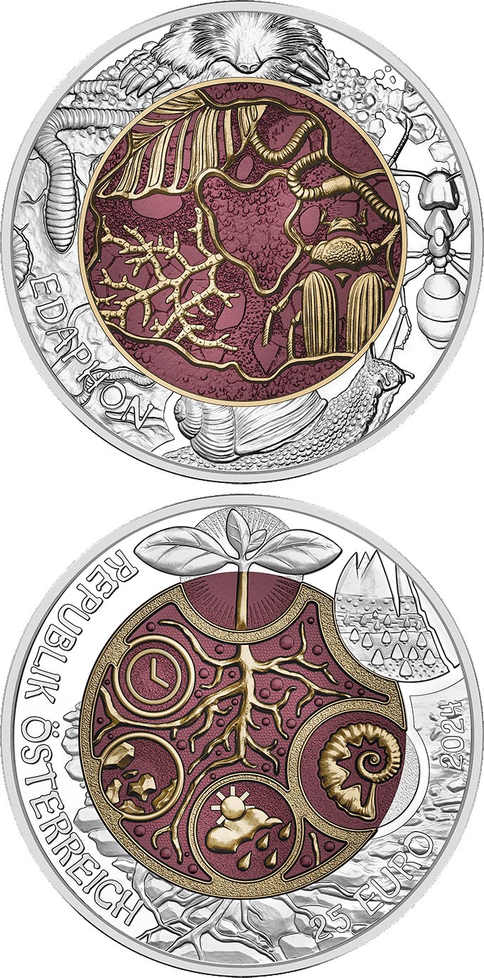 Image of 25 euro coin - Edaphon – The Living Soil | Austria 2024.  The Bimetal: silver, niobium coin is of BU quality.