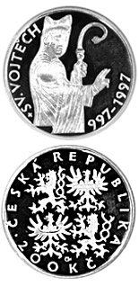 Image of 200 koruna coin - 1000th anniversary of the death ofSt. Adalbert | Czech Republic 1997.  The Silver coin is of Proof, BU quality.