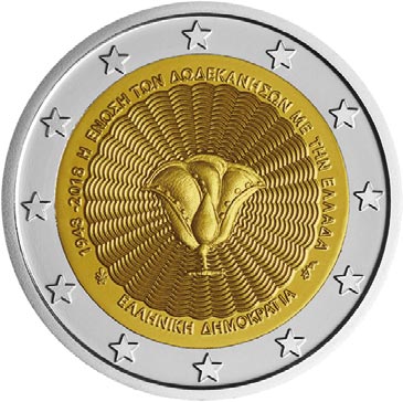 Image of 2 euro coin - 70th Anniversary of the Union of the Dodecanese with Greece | Greece 2018