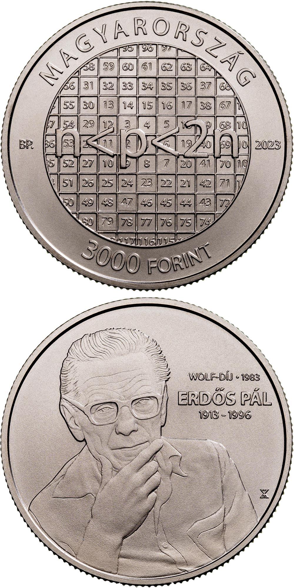 Image of 2000 forint coin - Pál Erdős | Hungary 2023.  The Copper–Nickel (CuNi) coin is of BU quality.