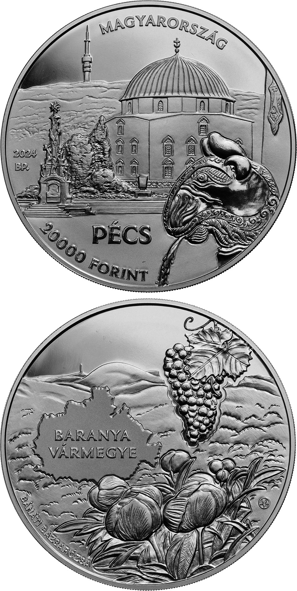 Image of 20000 forint coin - Pécs, Baranya County | Hungary 2024.  The Silver coin is of Proof quality.