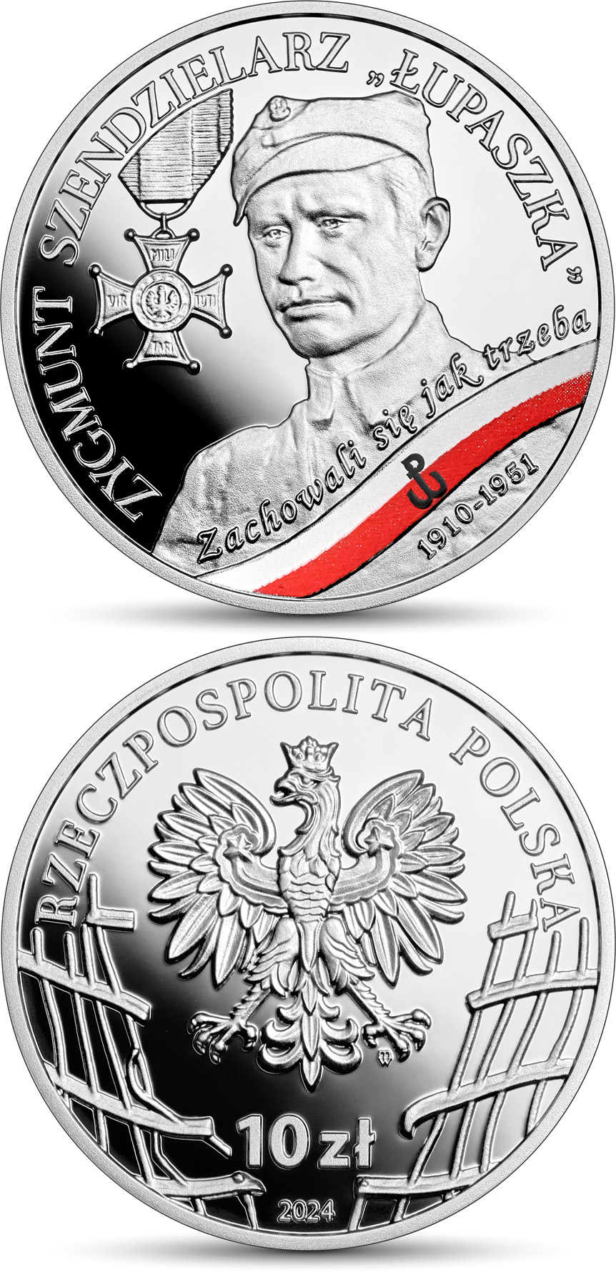 Image of 10 zloty coin - Zygmunt Szendzielarz Łupaszka | Poland 2024.  The Silver coin is of Proof quality.