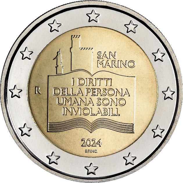 Image of 2 euro coin - 50th Anniversary of the Declaration of Civil Rights and the Basic Principles of the Legal System | San Marino 2024