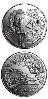 Image of 500 crowns coin - The 250th anniversary of the death of Samuel Mikovini | Slovakia 2000.  The Silver coin is of Proof, BU quality.