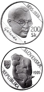 Image of 200 crowns coin - The centenary of the birth of Mikulas Galanda | Slovakia 1995.  The Silver coin is of Proof, BU quality.