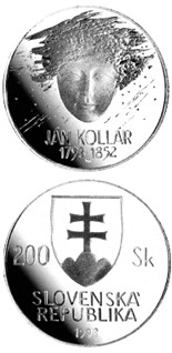 Image of 200 crowns coin - The 200th anniversary of the birth of Jan Kollar | Slovakia 1993.  The Silver coin is of Proof, BU quality.