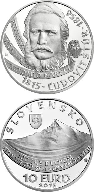 Image of 10 euro coin - Ľudovít Štúr - the 200th anniversary of the birth  | Slovakia 2015.  The Silver coin is of Proof, BU quality.