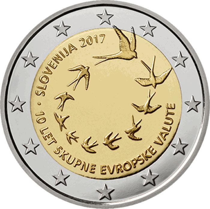 Image of 2 euro coin - 10th anniversary of the introduction of the euro in Slovenia | Slovenia 2017