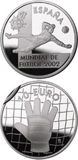 Image of 10 euro coin - Football World Cup 2002 Goal keeper  | Spain 2002.  The Silver coin is of Proof quality.
