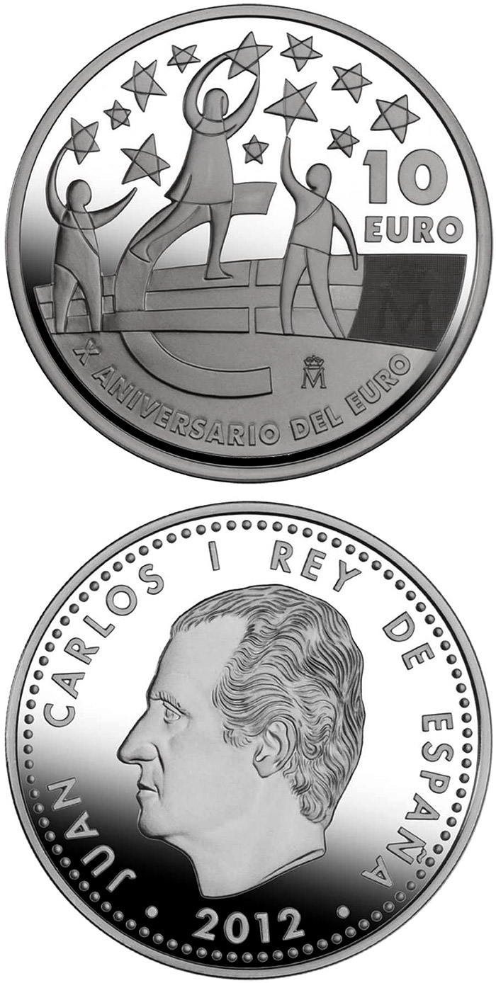 Image of 10 euro coin - 10th Anniversary of the Euro | Spain 2012.  The Silver coin is of Proof quality.