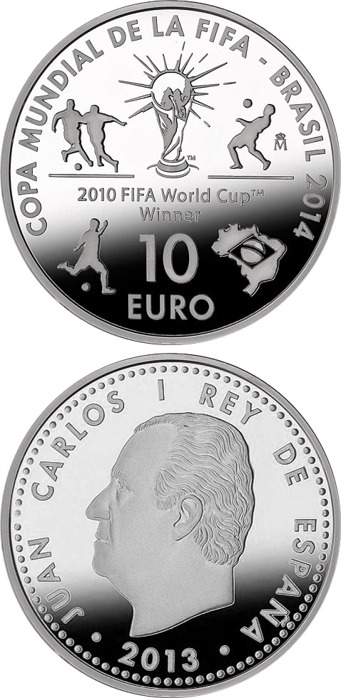 Image of 10 euro coin - 2014 FIFA World Cup Brazil | Spain 2013.  The Silver coin is of Proof quality.