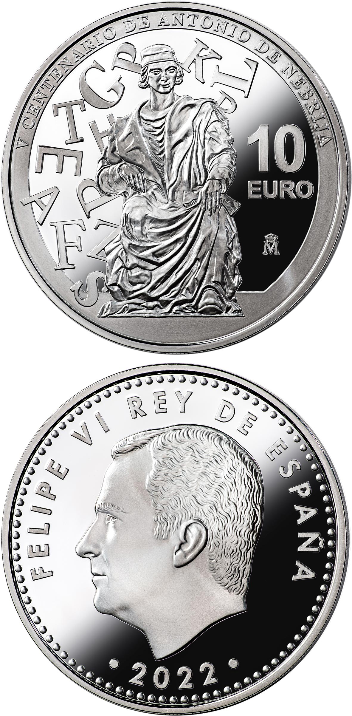 Image of 10 euro coin - 5th Centenary of the Death of Antonio de Nebrija | Spain 2022.  The Silver coin is of Proof quality.