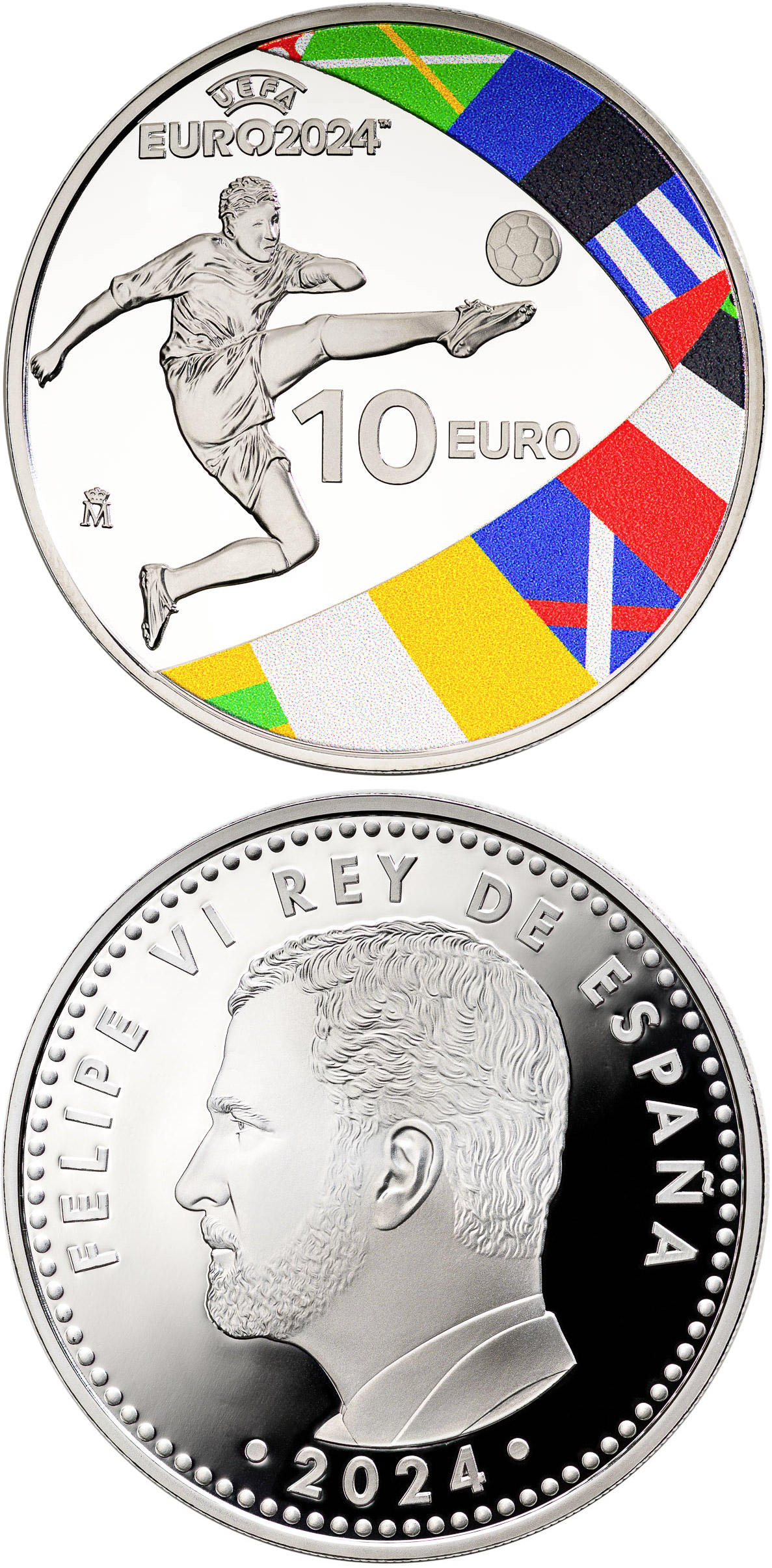 Image of 10 euro coin - UEFA EURO 2024 | Spain 2024.  The Silver coin is of Proof quality.
