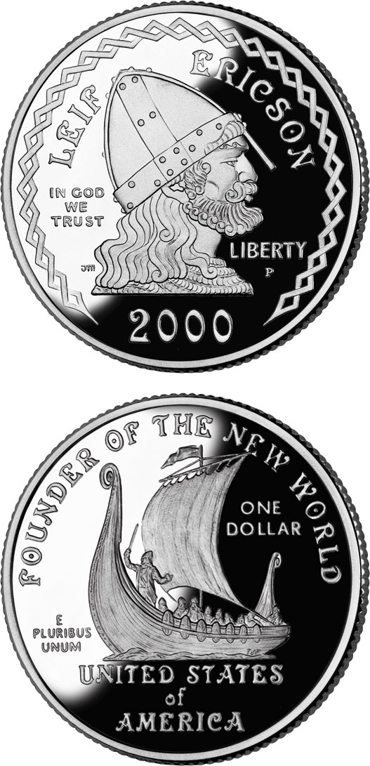 Image of 1 dollar coin - Leif Ericson  | USA 2000.  The Silver coin is of Proof, BU quality.
