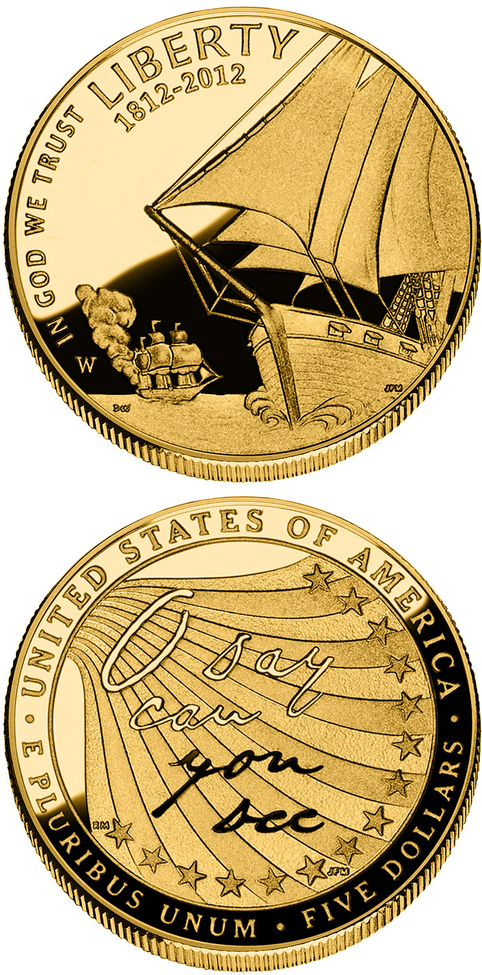Image of 5 dollars coin - The Star-Spangled Banner  | USA 2012.  The Gold coin is of Proof, BU quality.