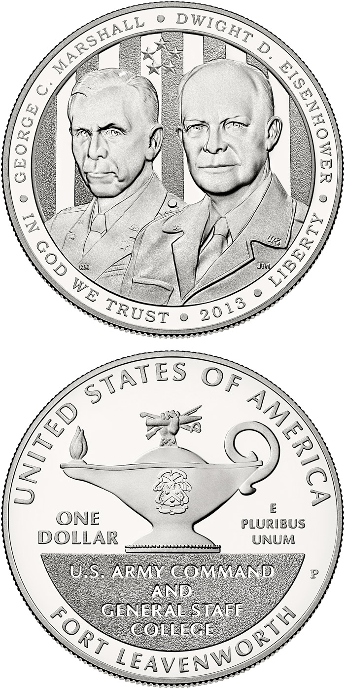 Image of 1 dollar coin - 5-Star Generals | USA 2013.  The Silver coin is of Proof, BU quality.