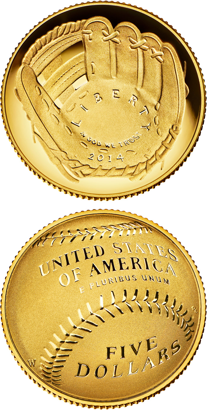 Image of 5 dollars coin - National Baseball Hall of Fame | USA 2014.  The Gold coin is of Proof, BU quality.
