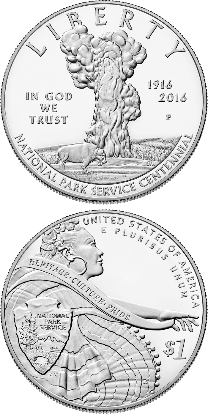 Image of 1 dollar coin - National Park Service 100th Anniversary  | USA 2016.  The Silver coin is of Proof, BU quality.