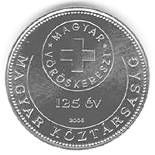 Image of 50 forint coin - 125th anniversary of the foundation of the Hungarian Red Cross | Hungary 2006.  The Copper–Nickel (CuNi) coin is of BU quality.