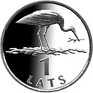 Image of 1 lats coin - Stork | Latvia 2001.  The Copper–Nickel (CuNi) coin is of UNC quality.