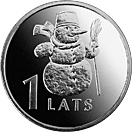 Image of 1 lats coin - Snowman | Latvia 2007.  The Copper–Nickel (CuNi) coin is of UNC quality.