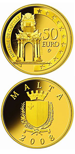 Image of 50 euro coin - The Auberge de Castille | Malta 2008.  The Gold coin is of Proof quality.