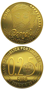 Image of 0.25 euro coin - Luís Vaz de Camões  | Portugal 2010.  The Gold coin is of BU quality.