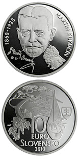 Image of 10 euro coin - Martin Kukučín – the 150th Anniversary of the Birth  | Slovakia 2010.  The Silver coin is of Proof, BU quality.