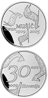 Image of 30 euro coin - The centenary of the birth of painter Zoran Mušič  | Slovenia 2009.  The Silver coin is of Proof quality.