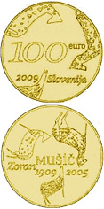 Image of 100 euro coin - The centenary of the birth of painter Zoran Mušič  | Slovenia 2009.  The Gold coin is of Proof quality.