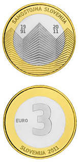 Image of 3 euro coin - 20th anniversary of Slovenia's independence | Slovenia 2011.  The Bimetal: CuNi, nordic gold coin is of UNC quality.