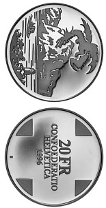 Image of 20 francs coin - Dragon of Breno (Landscapes) | Switzerland 1996.  The Silver coin is of Proof, BU quality.