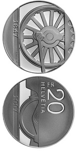 Image of 20 francs coin - Swiss trains | Switzerland 1997.  The Silver coin is of Proof, BU quality.