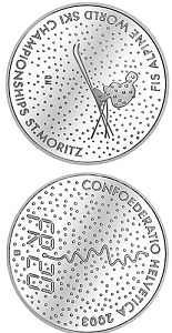 Image of 20 francs coin - The Alpine World Ski Championships | Switzerland 2003.  The Silver coin is of Proof, BU quality.