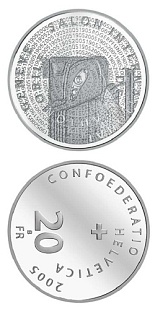 Image of 20 francs coin - 100th anniversary of the Geneva Motor Show Silver | Switzerland 2005.  The Silver coin is of Proof, BU quality.