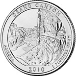Image of 25 cents coin - Grand Canyon National Park, AZ  | USA 2010.  The Copper–Nickel (CuNi) coin is of Proof, BU, UNC quality.