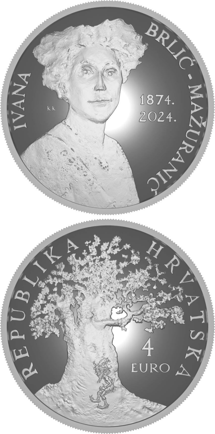 Image of 4 euro coin - 150th Anniversary of the Birth of Ivana Brlić-Mažuranić | Croatia 2024.  The Silver coin is of BU quality.
