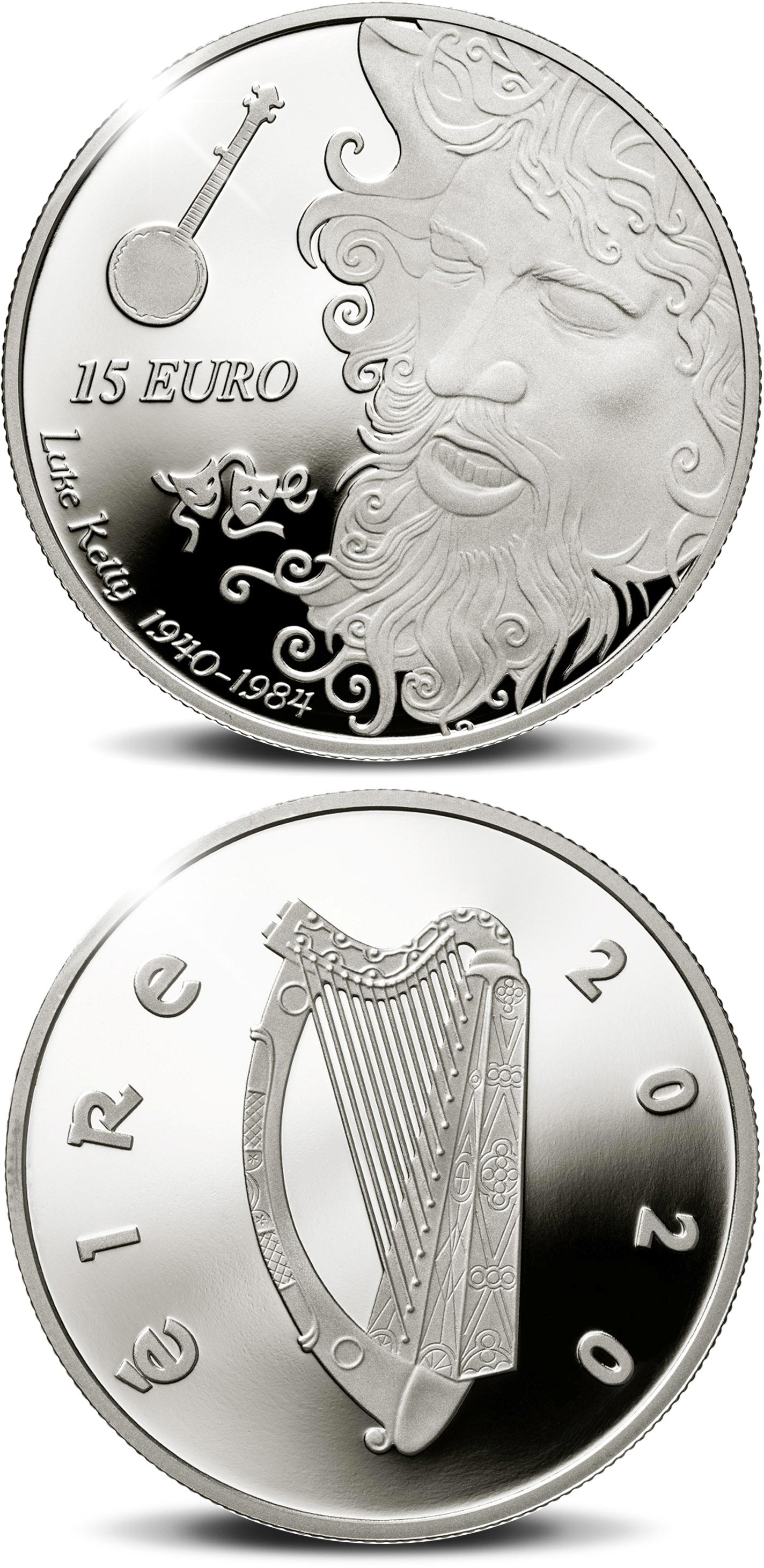 Image of 15 euro coin - Modern Irish Musicians- Luke Kelly | Ireland 2020.  The Silver coin is of Proof quality.