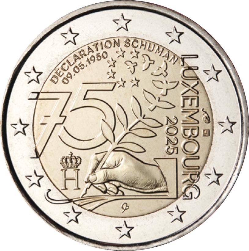 Image of 2 euro coin - 75th Anniversary of the Schuman Declaration | Luxembourg 2025