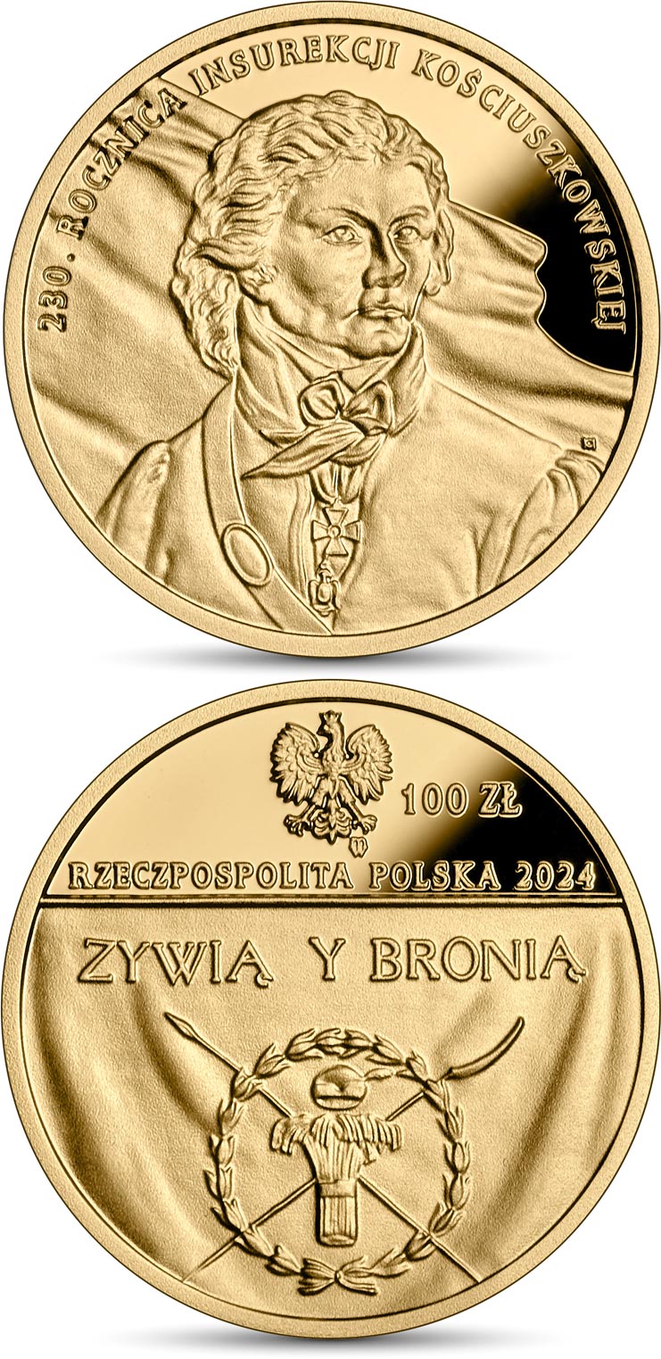 Image of 100 zloty coin - 230th Anniversary of the Kościuszko Insurrection | Poland 2024.  The Gold coin is of Proof quality.
