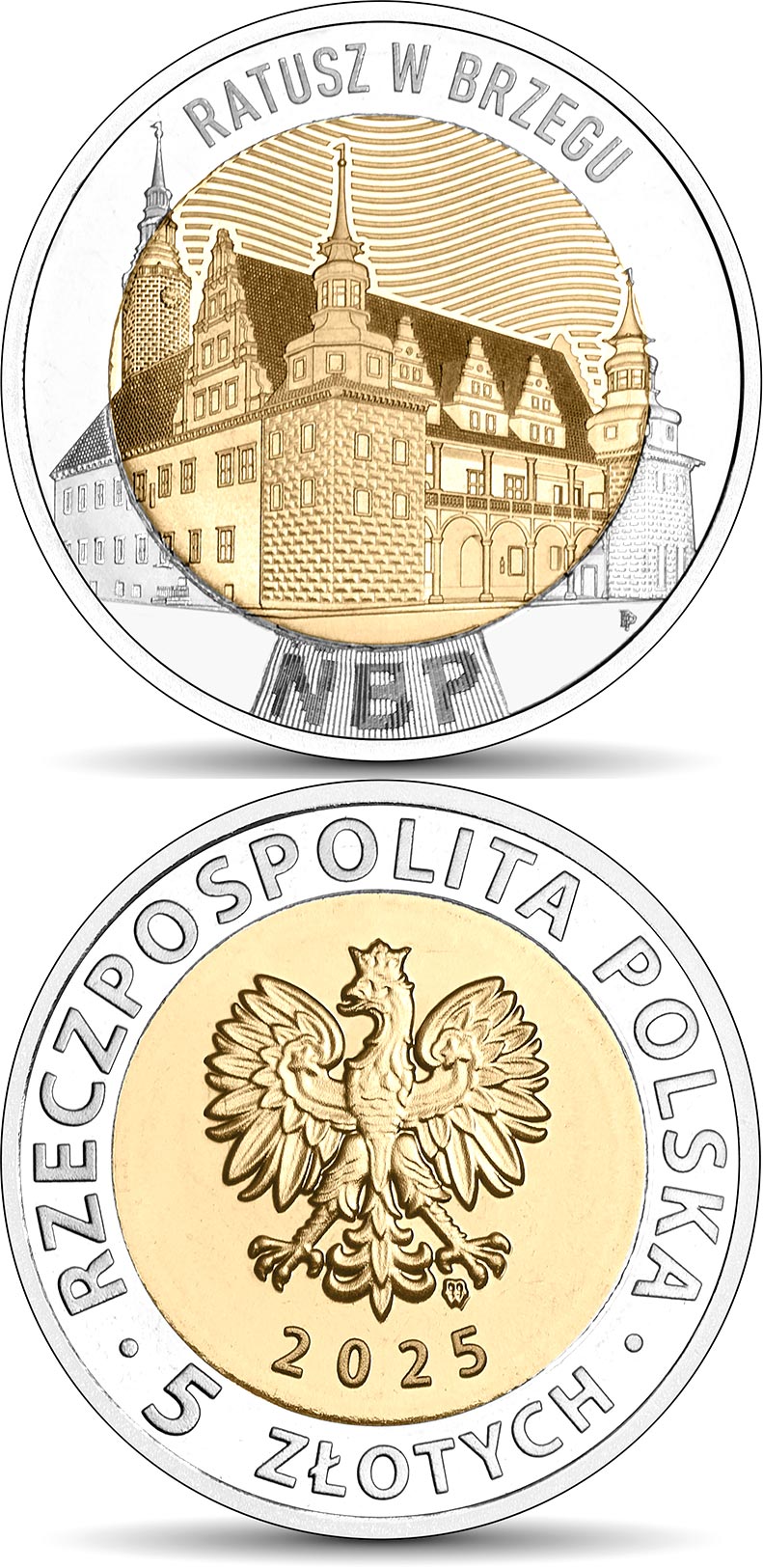 Image of 5 zloty coin - The Town Hall in Brzeg | Poland 2025. The Bimetal: CuNi, nordic gold coin is of UNC quality. Image of 5 zloty coin - The Town Hall in Brzeg | Poland 2025. The Bimetal: CuNi, nordic gold coin is of UNC quality.